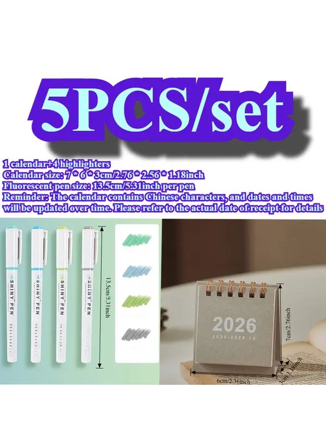 Beige 5pcs Set 2026 Mini Desk Calendar with 4 Color Pens Planner Office Stationery - Image 3